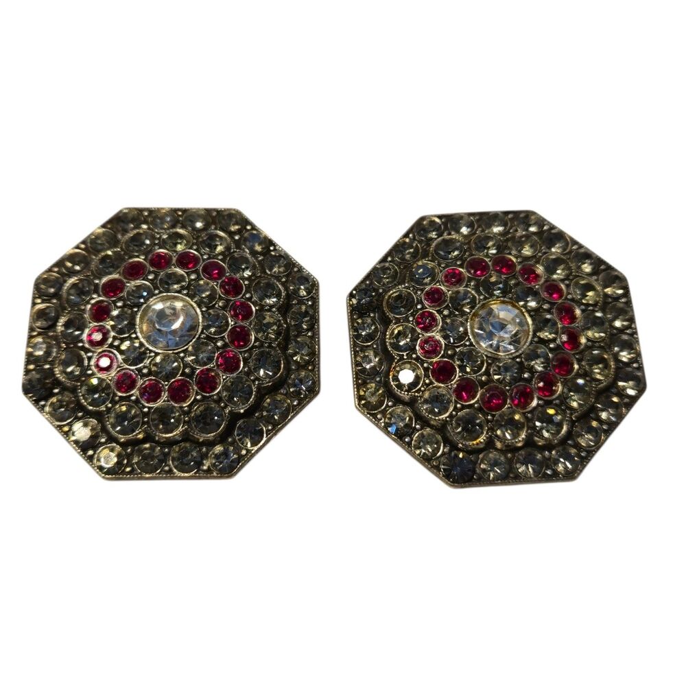 Vintage Rhinestone Clip On Earrings or Shoe Clips Red Clear Stones